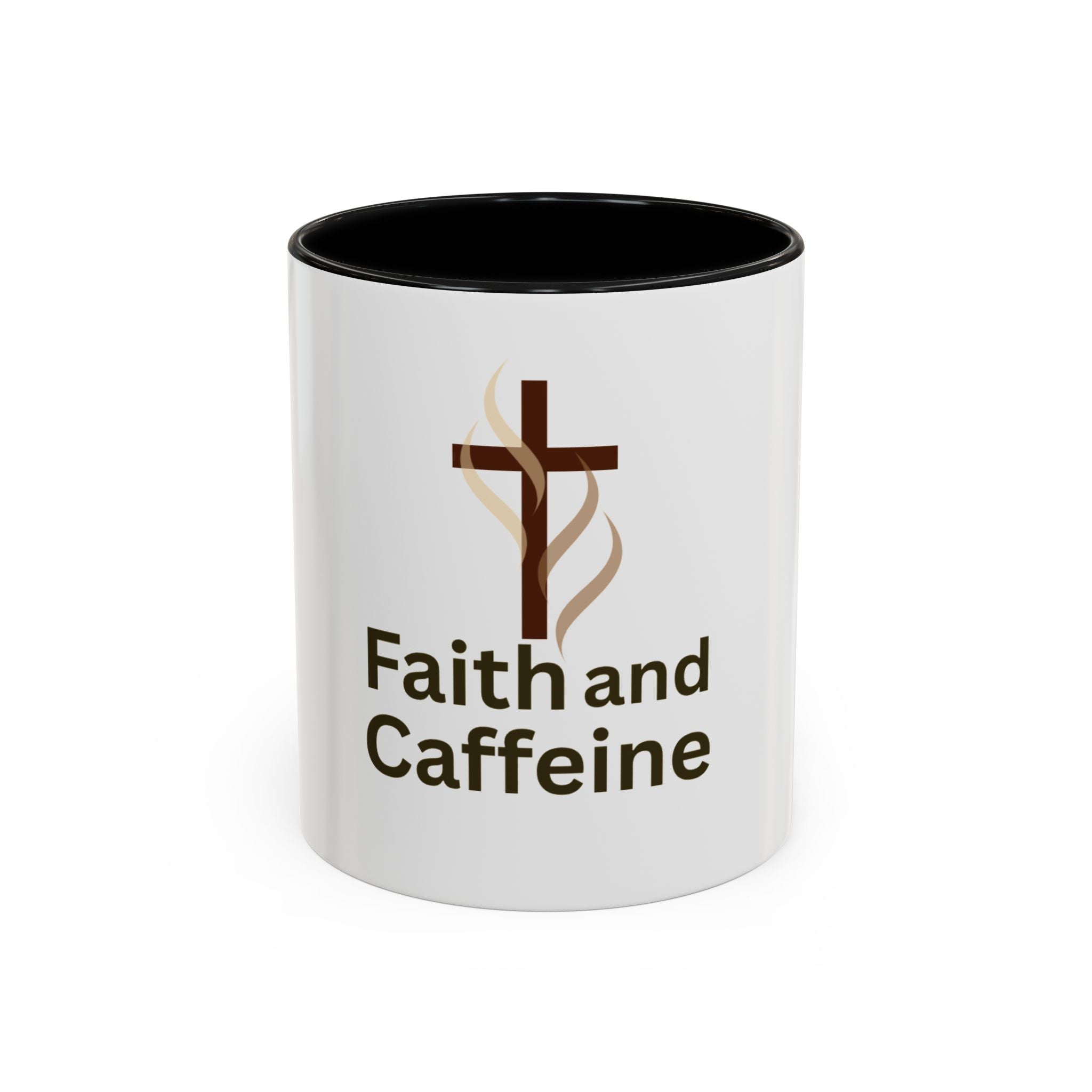 Faith and Caffeine Accent Coffee Mug — Christian Cross Coffee Cup (11/15 oz)